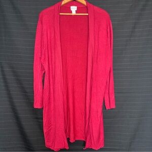 Chicos Red Long Drape Open Front Cardigan 3/4 Sleeves Sz 2 Large Rayon Polyester